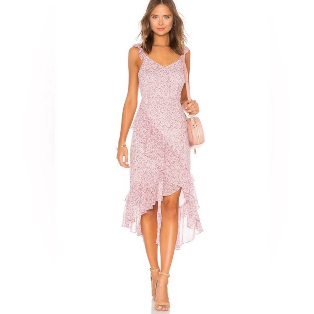 Stunning LOVESHACKFANCY SILK Maeve Dress Floral Chiffon Midi Dress in Rouge Pink - Picture 2 of 13